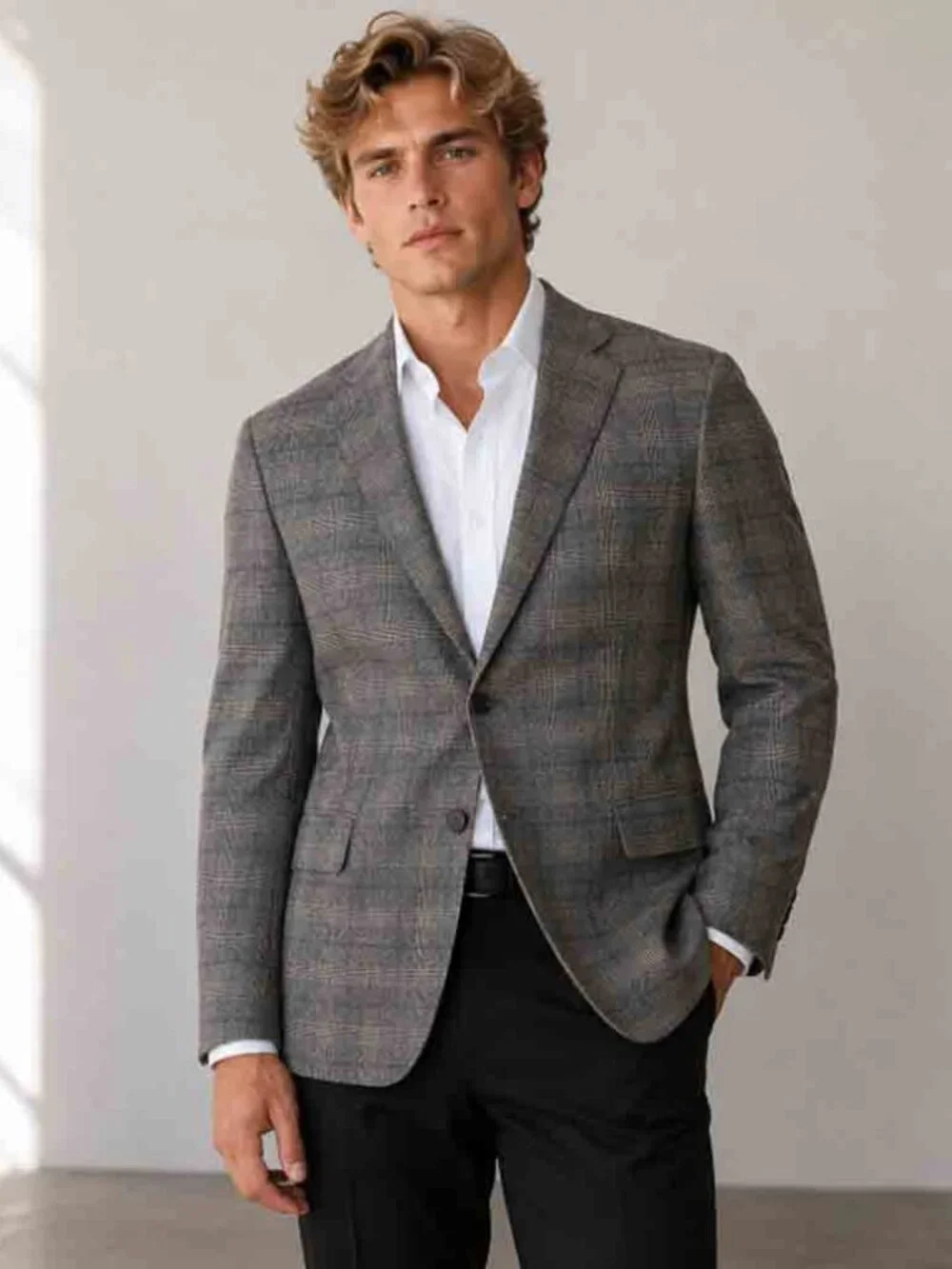 Joseph Abboud REDA Wool Flannel Blazer Gray Brown Cream Plaid Men's Size 48L